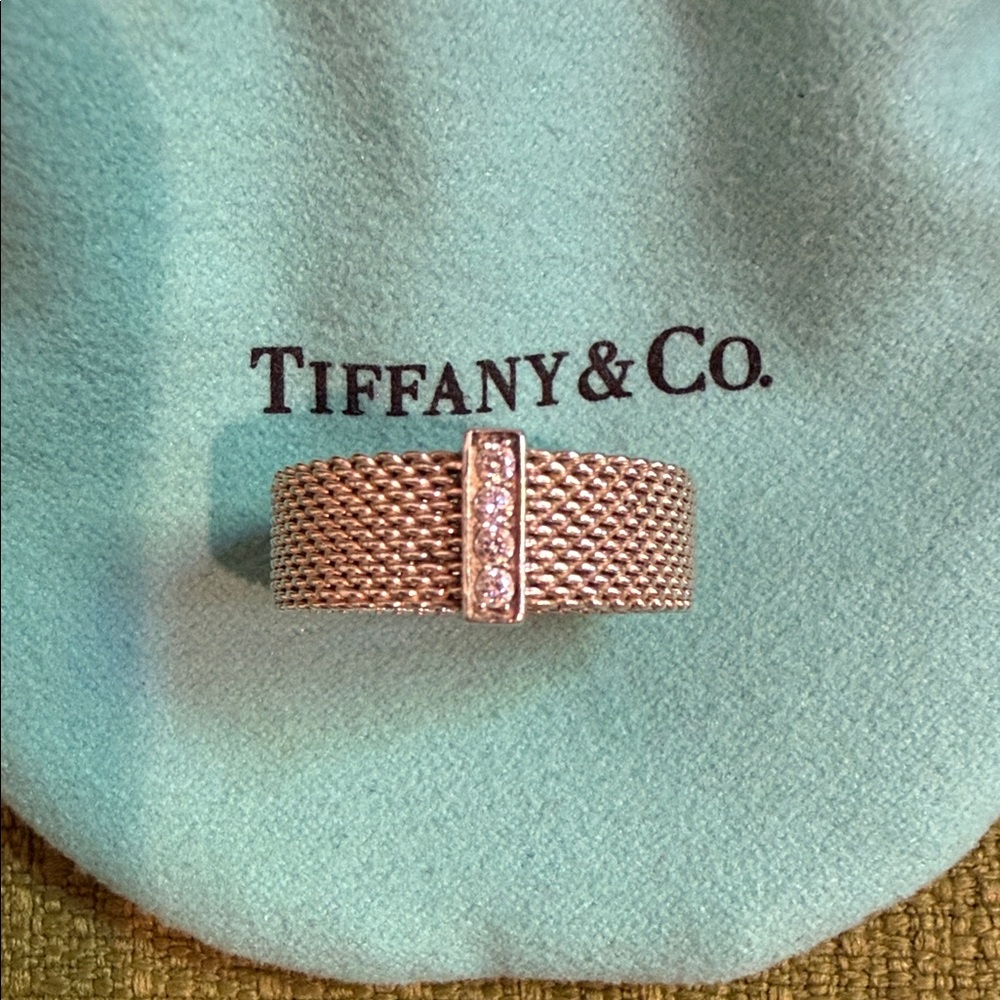 Tiffany & Co. AUTHENTIC Silver Mesh Ring with Diamond Bar